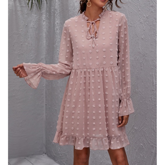 MBM Unlimited Dresses & Skirts - Pink Long Sleeve Swiss Dot Ruffle Loose Dress